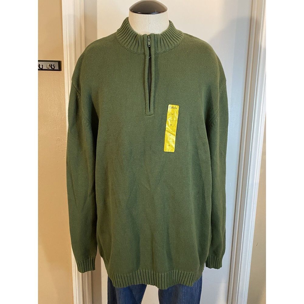 Cabela's Green Sweater 1/4 Zip Pullover Outdoor 100%‎ Cotton Men's Medium M